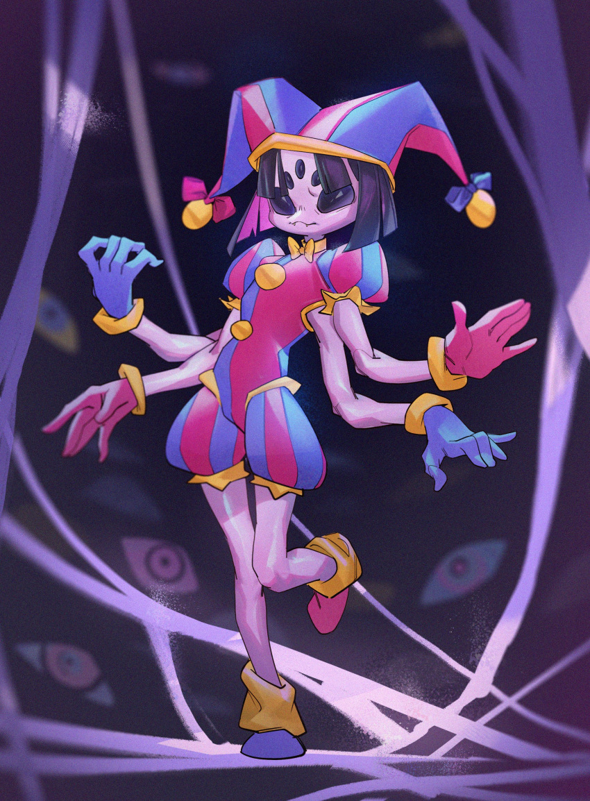 1girl, absurdres, arthropod_girl, asymmetrical_footwear, asymmetrical_gloves, black_eyes, black_hair, blue_footwear