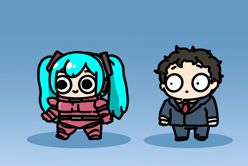 1boy, 1girl, afei_(sfma3248), blue_pants, blue_suit, brown_hair, char's_counterattack, chibi, cosplay, english_commentary, gaping, gloves, green_hair, gundam, gundam_hathaway's_flash, hair_ornament, hathaway_noa, hatsune_miku, long_hair, pants, pilot_suit, quess_paraya, quess_paraya_(cosplay), red_gloves, red_suit, short_hair, smile, suit, twintails, vocaloid, wide-eyed