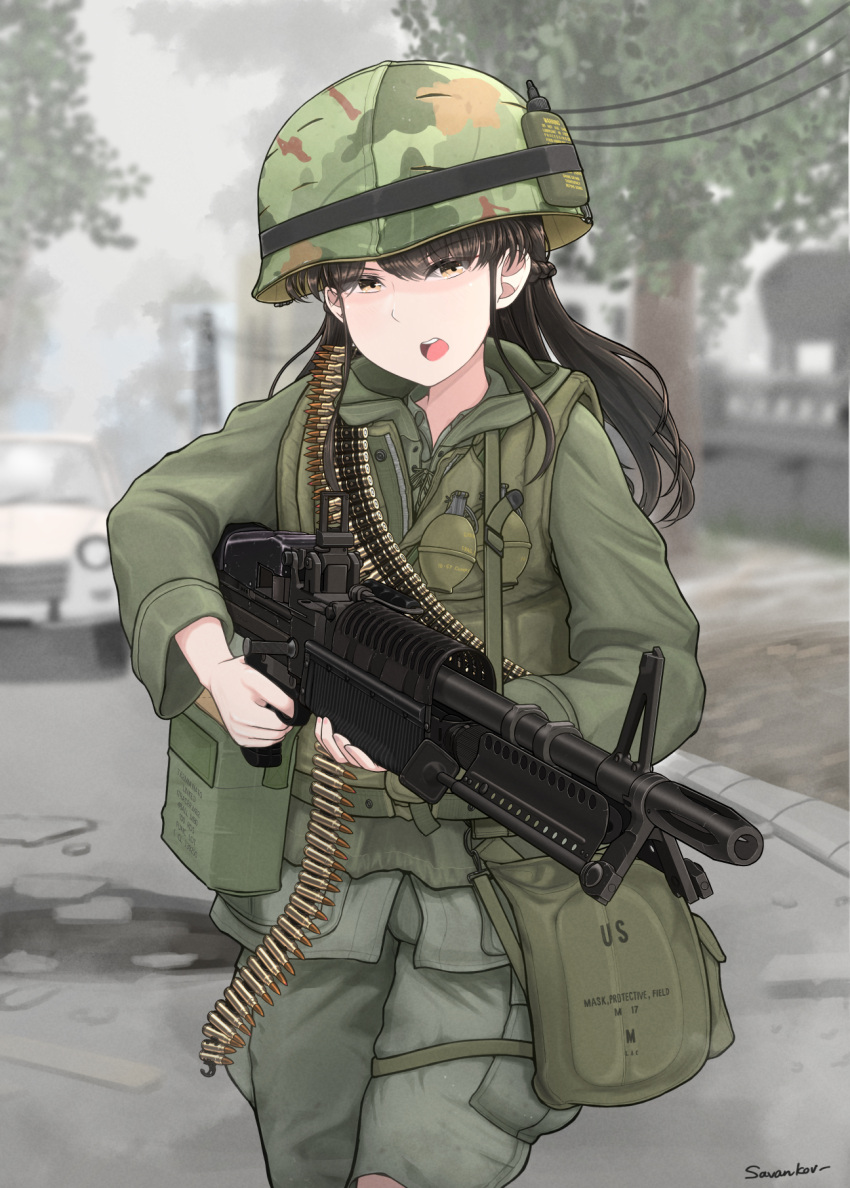 1girl, ammunition_belt, artist_name, black_hair, blurry, camouflage_hat, combat_helmet, depth_of_field