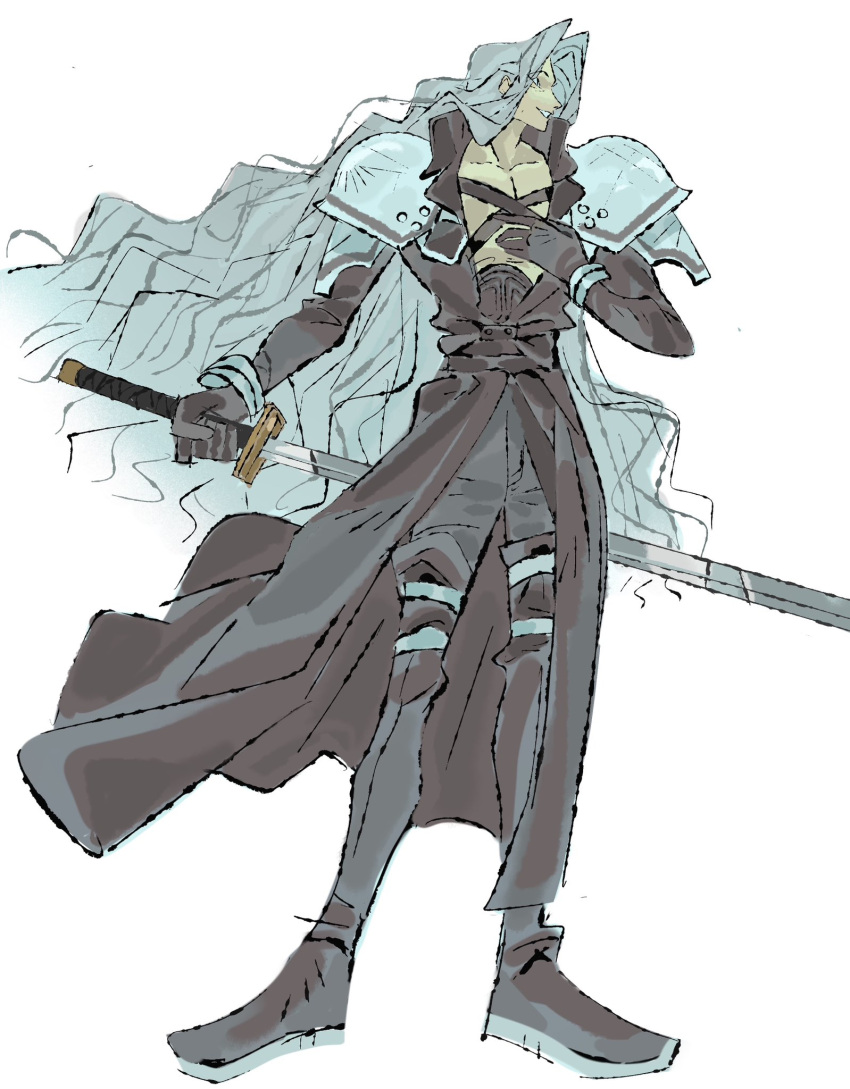 1boy, armor, bangle, black_coat, black_footwear, black_gloves, black_pants, boots, bracelet, chest_strap, coat, final_fantasy, final_fantasy_vii, final_fantasy_vii_rebirth, final_fantasy_vii_remake, full_body, gloves, grey_hair, hand_on_own_chest, highres, holding, holding_sword, holding_weapon, jaysoysaucee, jewelry, long_coat, long_hair, male_focus, masamune_(ff7), pants, parted_bangs, parted_lips, pectorals, sephiroth, shoulder_armor, smile, solo, sword, thigh_boots, wavy_hair, weapon, white_background
