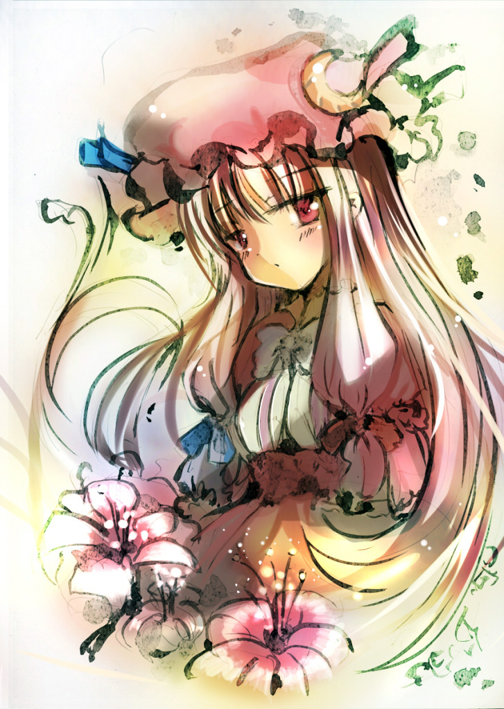 :o, bad_id, calligraphy_brush_(medium), chunyan, crescent, crescent_moon, flower, fuyouchu