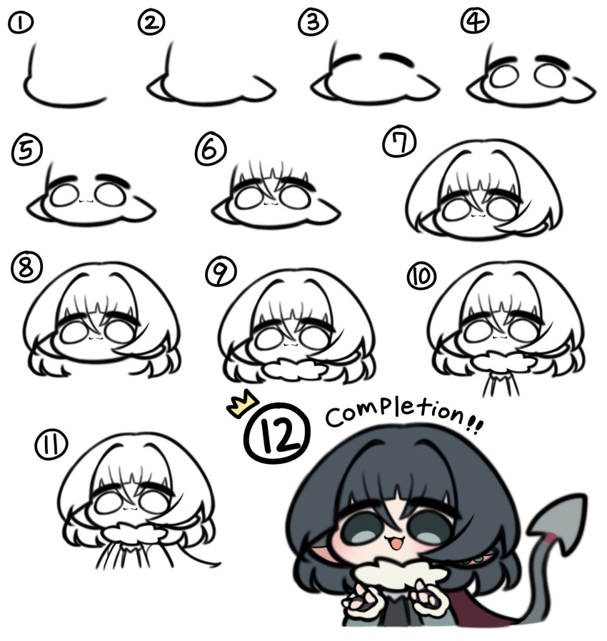 !, !!, 1girl, :3, animal_ears, black_hair, chibi, chibi_only