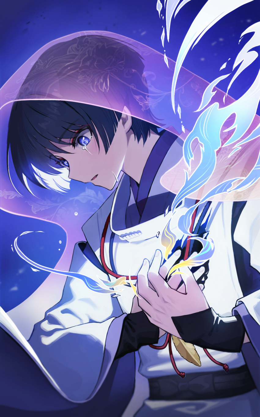 1boy, black_hair, blunt_ends, crying, crying_with_eyes_open, genshin_impact, hair_between_eyes, highres