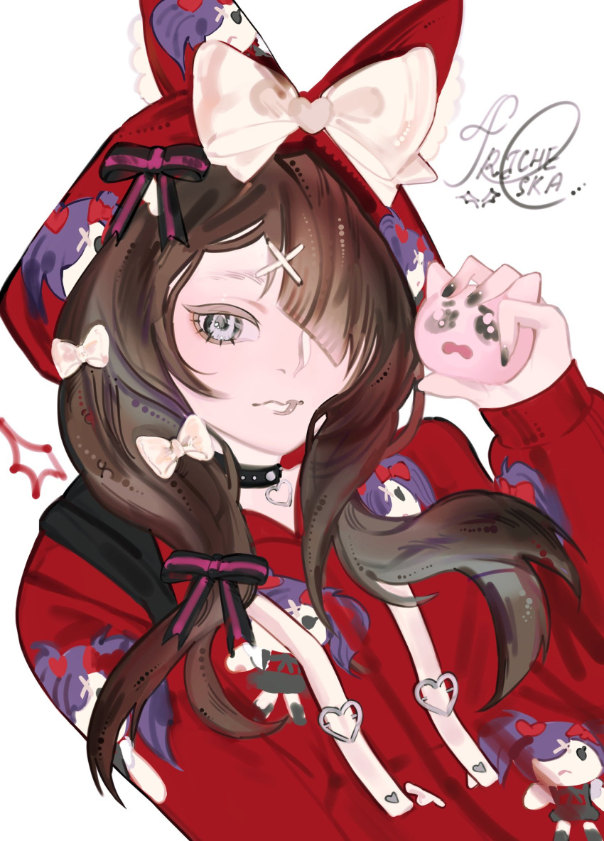 1girl, ame-chan_(needy_girl_overdose), ame-chan_(needy_girl_overdose_exhibition)_(needy_girl_overdose), bag, blue_eyes, bow, emoji, hair_bow