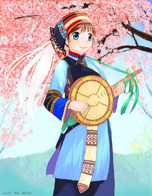 2000s_(style), blue_dress, blue_eyes, brown_hair, cherry_blossoms, china, chinese_clothes, commentary_request