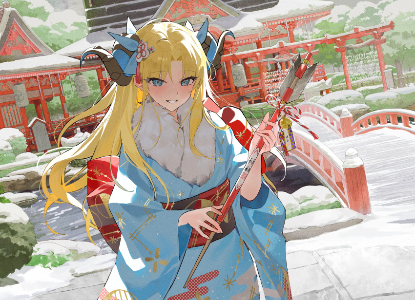 1girl, absurdres, architecture, arrow_(projectile), blonde_hair, commentary_request, east_asian_architecture, ereshkigal_(fate)