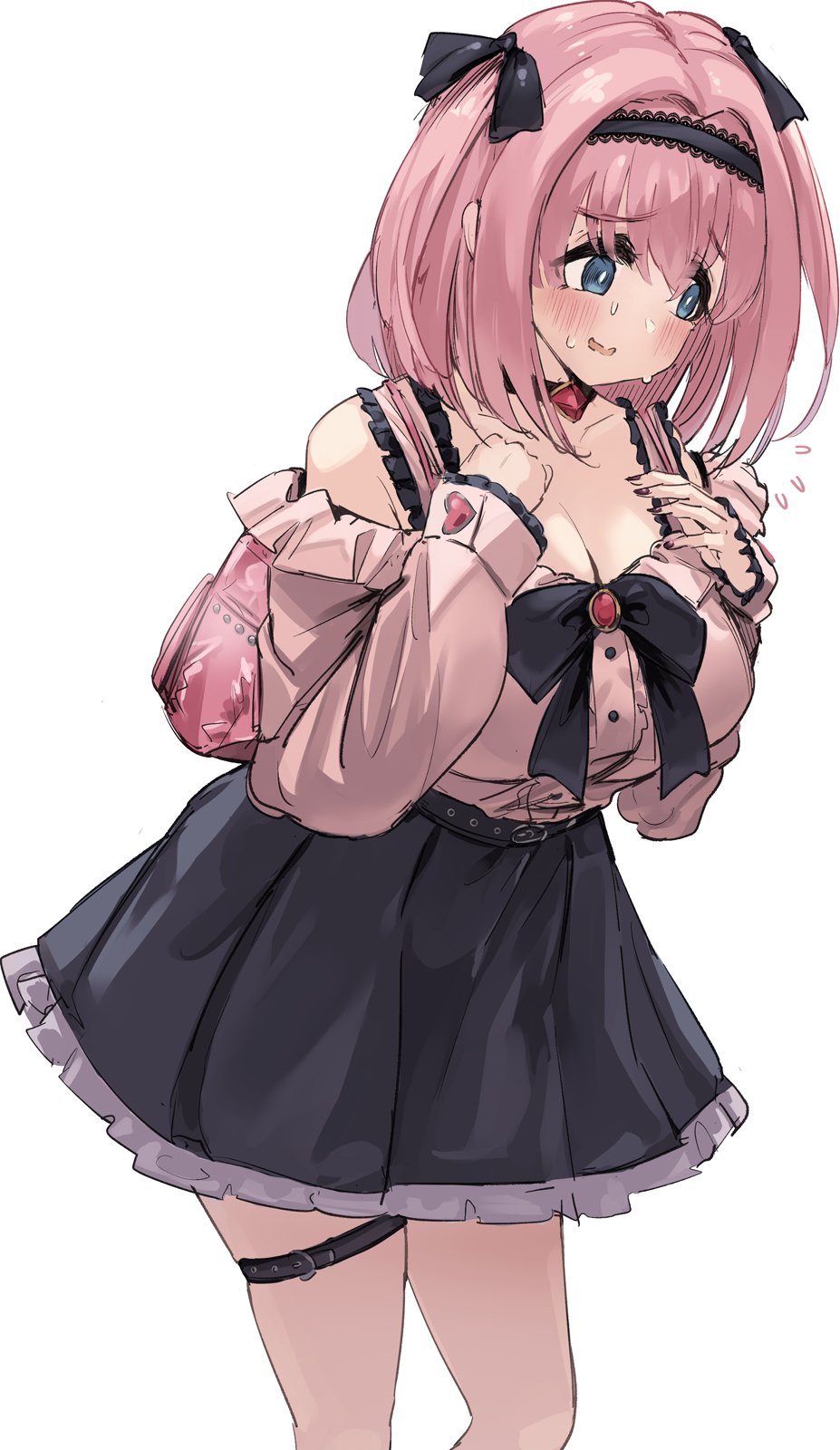 1girl, alternate_costume, asalilysuke, bag, black_hairband, black_skirt, blue_eyes, breasts