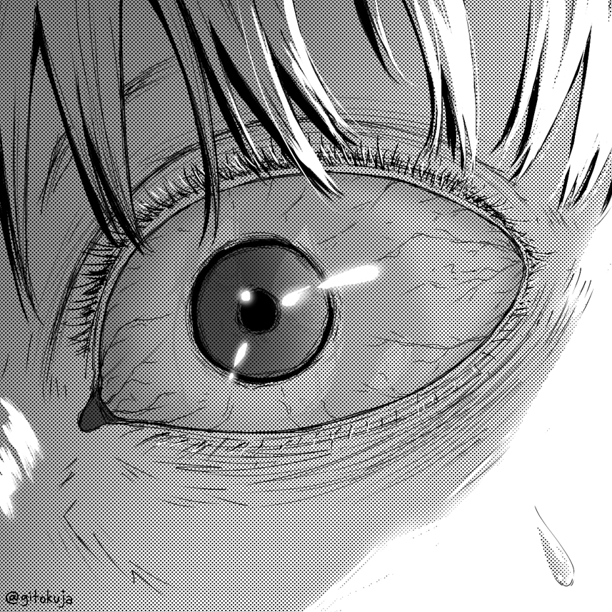 1boy, 1girl, bloodshot_eyes, chainsaw_man, commentary, denji_(chainsaw_man), eye_focus, eye_reflection