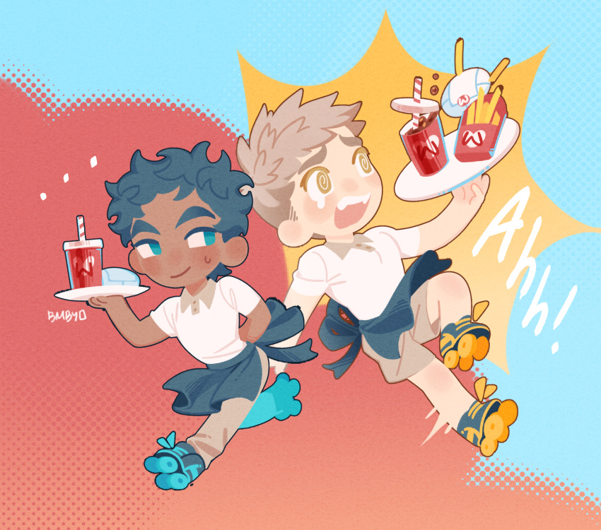 2boys, @_@, apron, blonde_hair, blue_apron, blue_background, blue_eyes, blue_footwear
