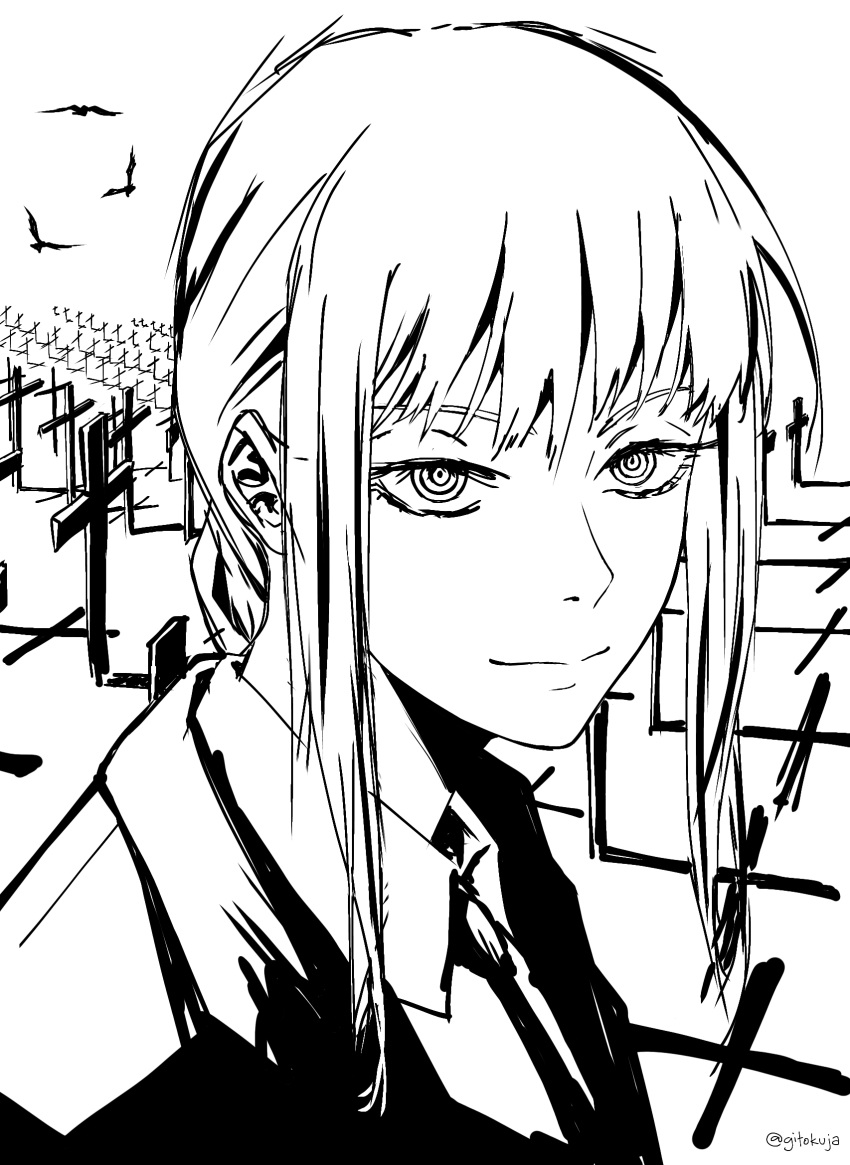 1girl, bird, braid, braided_ponytail, chainsaw_man, coat, commentary, cross