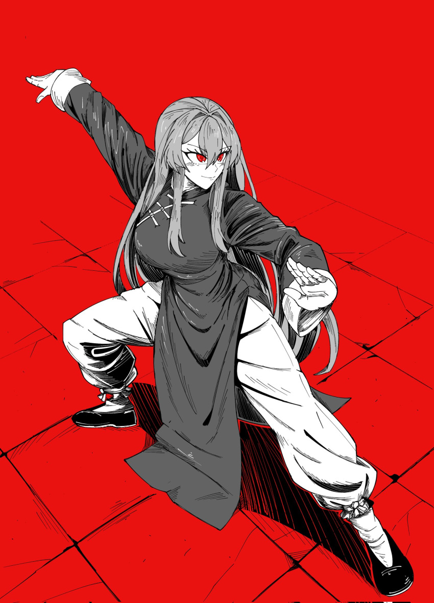 1girl, changpao, china_dress, chinese_clothes, dress, fighting, fighting_stance, highres, kokoro_no_koibito, kung_fu, long_hair, long_sleeves, martial_arts, monk, original, red_eyes, self-upload, shaolin_monk, sketch, smile, tangzhuang, training