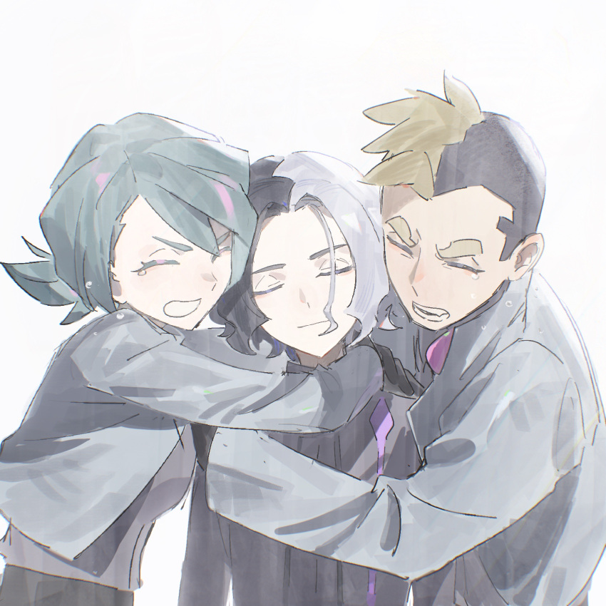 1girl, 2boys, amethio_(pokemon), clenched_teeth, closed_eyes, closed_mouth, commentary_request, gloves