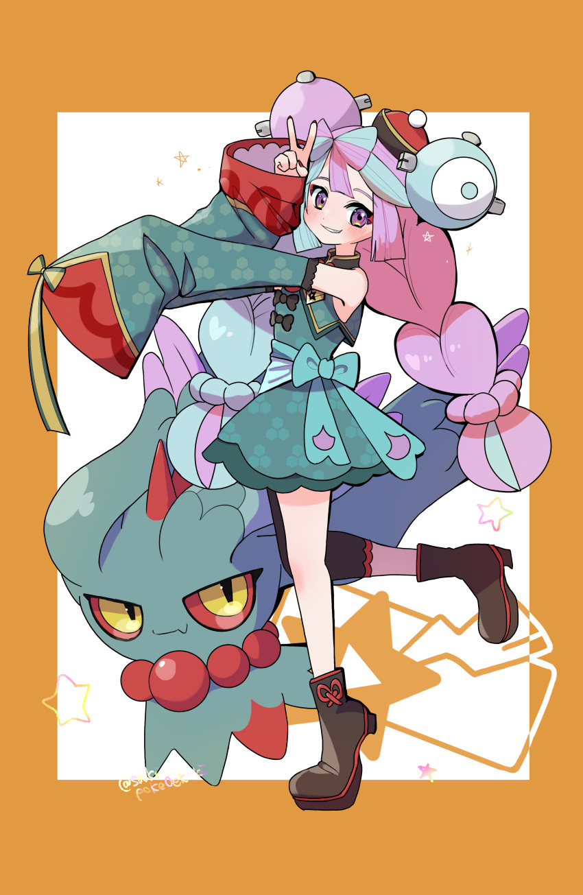 1girl, absurdres, arm_up, boots, bow, bow-shaped_hair, brown_footwear, character_hair_ornament
