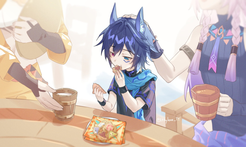 1boy, 2girls, aged_down, animal_ear_fluff, animal_ears, artist_name, black_gloves, black_leotard