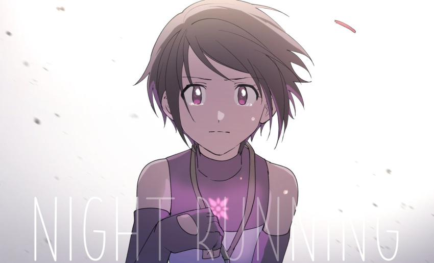1girl, bare_shoulders, brown_hair, digimon, digimon_adventure_02, english_text, fingerless_gloves, gloves