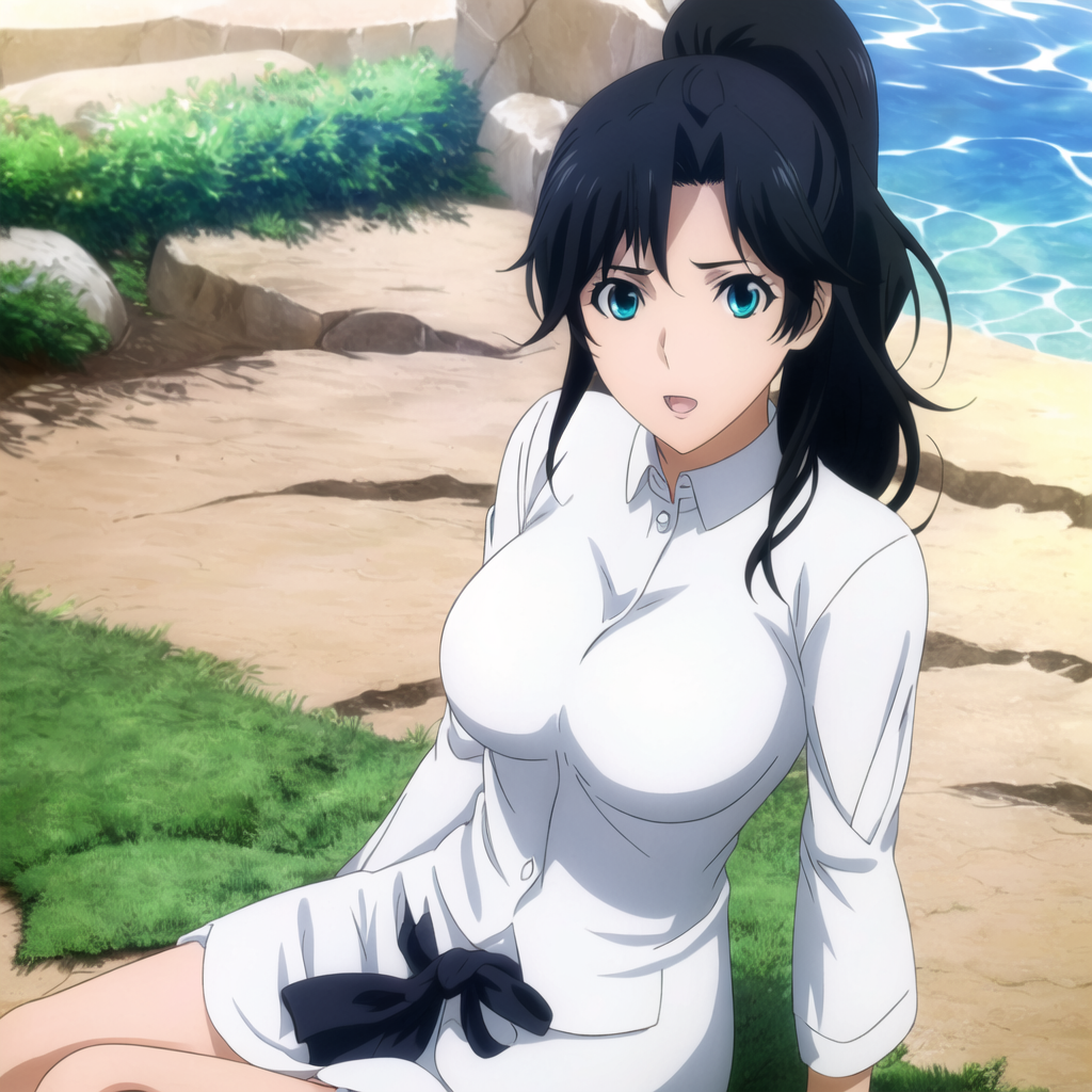 ai-generated, army, black_hair, blue_eyes, business_suit, fujibayashi_kyouko, kudou, kyouto, lady, mahouka, mahouka_koukou_no_rettousei, mature_female, minoru, necktie, neesan, non-web_source, ponytail, rikugun, shirt, suit, white_shirt