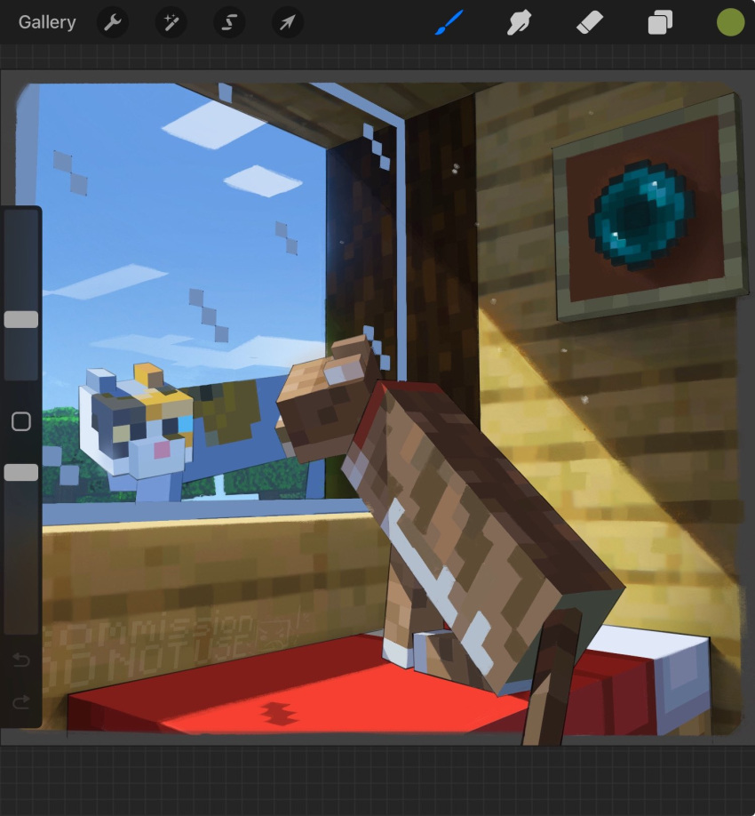 animal, animal_focus, art_program_in_frame, bed, brown_cat, calico_cat, cat, cat_(minecraft)