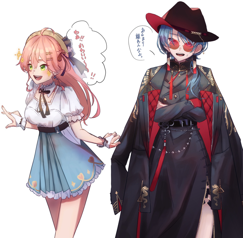 2girls, a-rufu, ahoge, belly_chain, belt, black_belt, black_hat, black_jacket