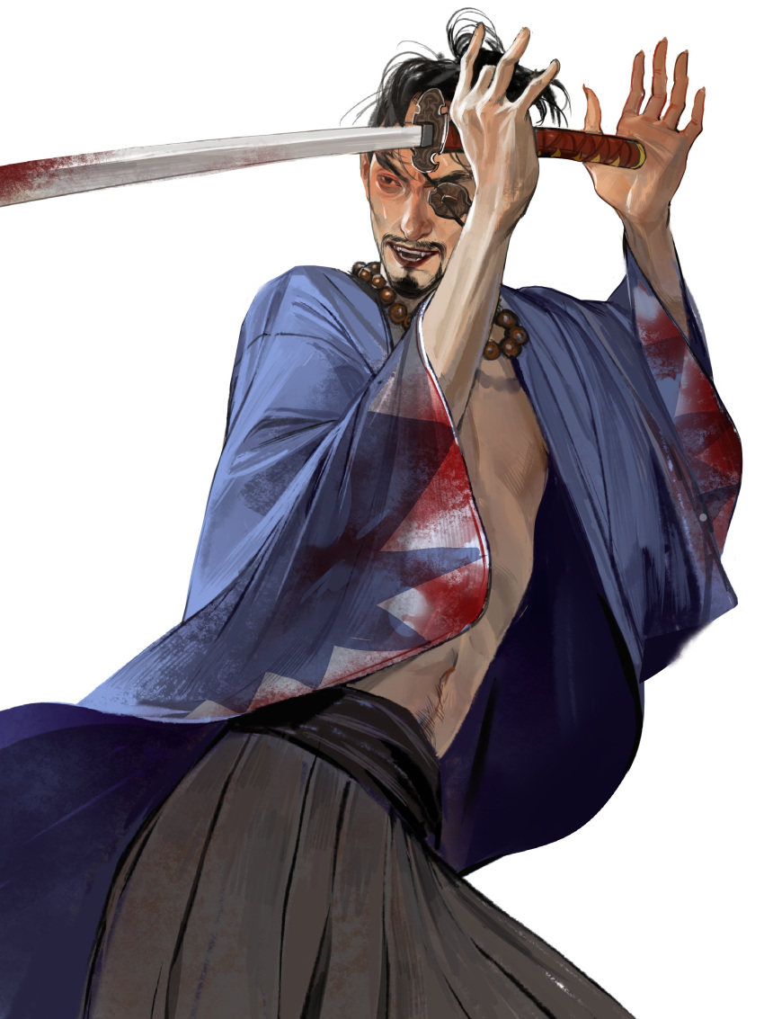 1boy, absurdres, black_hair, black_hakama, blood, blood_on_sleeves, blood_on_weapon, eyepatch