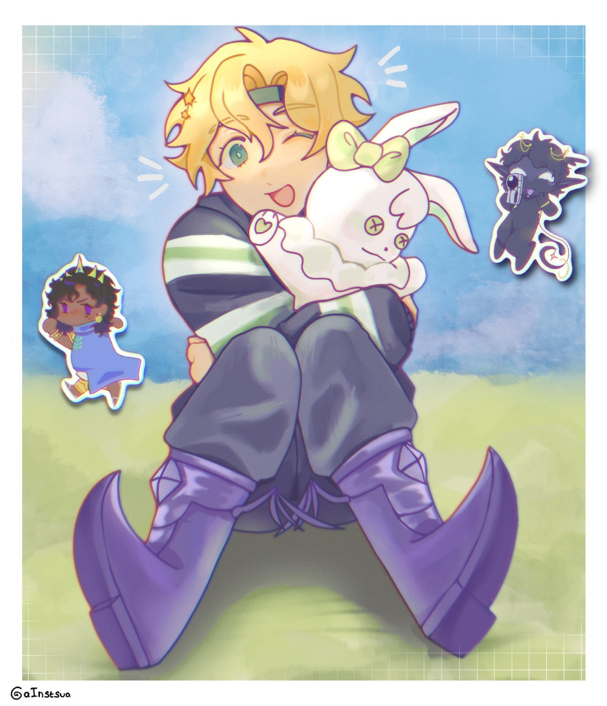 3boys, animification, aqua_eyes, bishounen, black_pants, black_skin, blonde_hair, blue_sky