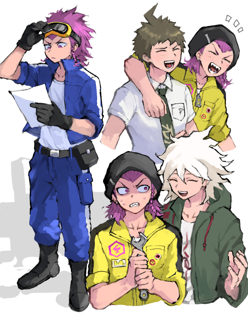 3boys, adjusting_eyewear, ahoge, arm_around_shoulder, arm_up, beanie, belt, belt_buckle, black_belt, black_footwear, black_gloves, black_hat, blue_jacket, blue_pants, boots, braid, breast_pocket, brown_hair, buckle, closed_eyes, collared_jacket, collared_shirt, cropped_torso, danganronpa_(series), danganronpa_2:_goodbye_despair, danganronpa_3_(anime), gloves, goggles, goggles_on_head, green_hoodie, green_necktie, hat, highres, hinata_hajime, holding, holding_paper, holding_wrench, hood, hoodie, jacket, jumpsuit, komaeda_nagito, laughing, looking_at_another, looking_at_object, male_focus, medium_hair, multiple_boys, multiple_views, necktie, nervous, open_clothes, open_jacket, pants, paper, partially_shaded_face, pink_hair, pocket, pouch, print_shirt, reading, sharp_teeth, shiba_ko, shirt, short_hair, side_braid, simple_background, single_braid, smile, soda_kazuichi, striped_clothes, striped_jacket, striped_jumpsuit, teeth, thigh_pouch, tongue, upper_teeth_only, white_background, white_hair, white_shirt, widow's_peak, wing_collar, wrench, yellow_jumpsuit, zipper_pull_tab