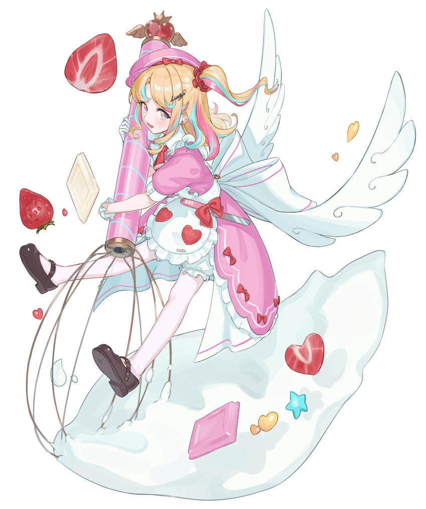 1girl, absurdres, apron, aqua_hair, black_footwear, blonde_hair, commentary_request, dress