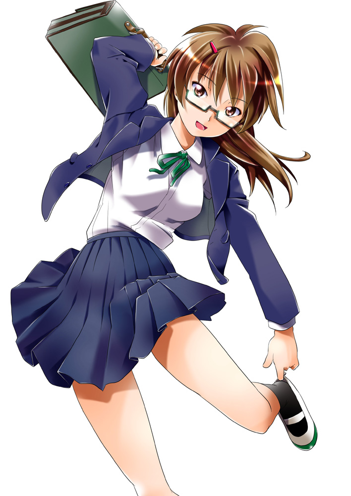 brown_eyes, brown_hair, glasses, hair_ornament, hairclip, kanoe, original, putting_on_shoes