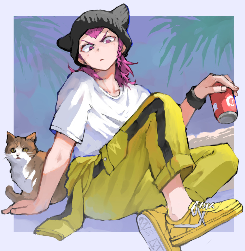 1boy, animal, animal_ears, arm_support, arm_up, beanie, black_hat, blue_sky, border, braid, brown_eyes, can, cat, closed_mouth, clothes_around_waist, collarbone, crew_neck, crossed_ankles, danganronpa_(series), danganronpa_2:_goodbye_despair, dot_nose, drink_can, ear_piercing, earrings, hair_behind_ear, hat, highres, holding, holding_can, jewelry, looking_down, male_focus, medium_hair, multicolored_cat, ocean, outside_border, palm_leaf, pants, piercing, pink_eyes, pink_hair, shiba_ko, shirt, shoelaces, shoes, side_braid, single_braid, sky, sneakers, soda, soda_can, soda_kazuichi, solo, striped_clothes, striped_pants, stud_earrings, t-shirt, whiskers, white_border, white_shirt, yellow_footwear, yellow_pants