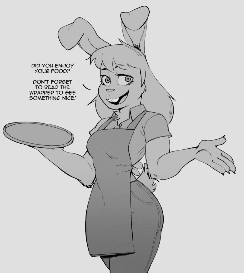 1girl, animal_ears, apron, breasts, denim, dogged, english_text, eyelashes, furry, genderswap, genderswap_(mtf), greyscale, highres, holding, holding_plate, jeans, long_hair, monochrome, nice_cream_guy, pants, plate, rabbit_ears, rabbit_girl, rabbit_tail, short_sleeves, simple_background, tail, teeth, thick_thighs, thighs, undertale, upper_teeth_only
