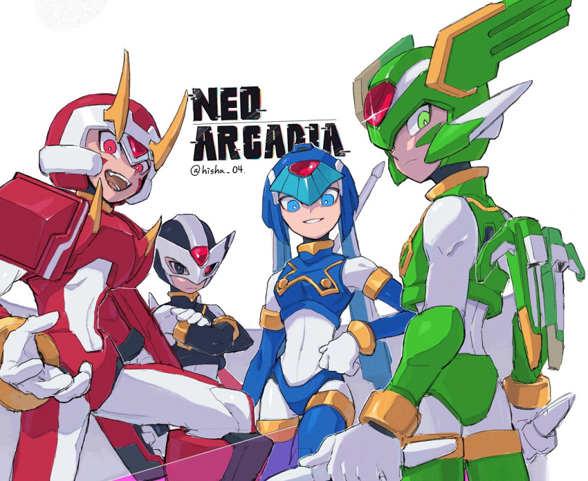 1girl, 3boys, armor, blue_armor, blue_eyes, blue_helmet, brother_and_sister, brothers