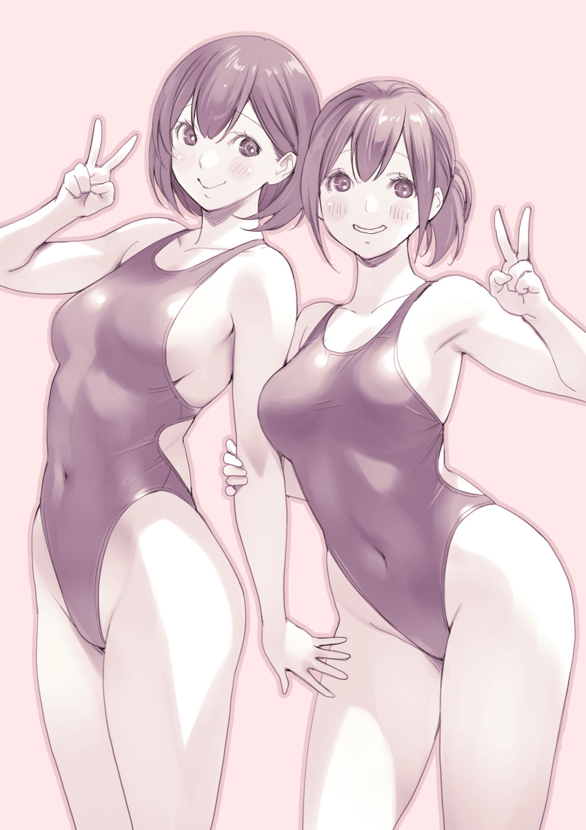 2girls, absurdres, breasts, commentary_request, competition_swimsuit, covered_navel, cowboy_shot, grey_hair