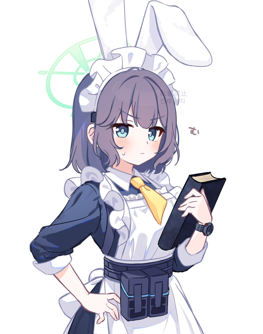 1girl, apron, blue_archive, breasts, green_eyes, green_halo, hair_between_eyes, hair_ornament