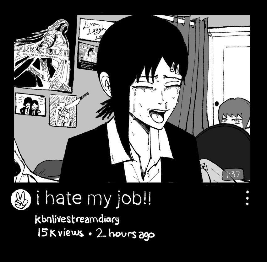 1girl, bedroom, chainsaw_man, character_doll, collared_shirt, crying, curtains, dark_souls_(series), dark_souls_ii, fake_video, greyscale, hair_ornament, hairclip, higashiyama_kobeni, highres, himeno_(chainsaw_man), indoors, knife, live_laugh_love, makima_(chainsaw_man), monochrome, open_mouth, parody, photo_(object), poster_(object), power_(chainsaw_man), schonv, shirt, short_ponytail, single_sidelock, solo, sweat