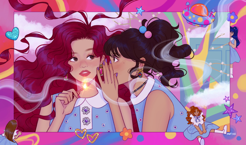 5girls, bad_id, bad_twitter_id, brown_hair, chibi, close-up, commentary, dress, earrings, english_commentary, frilled_dress, frills, heart, irene_(red_velvet), jewelry, joy_(red_velvet), k-pop, long_hair, looking_at_another, mimimar, multiple_girls, pink_lips, ponytail, profile, purple_nails, real_life, red_velvet_(group), redhead, seulgi_(red_velvet), sleeveless, sleeveless_dress, twintails, wavy_hair, wendy_(red_velvet), yeri_(red_velvet)