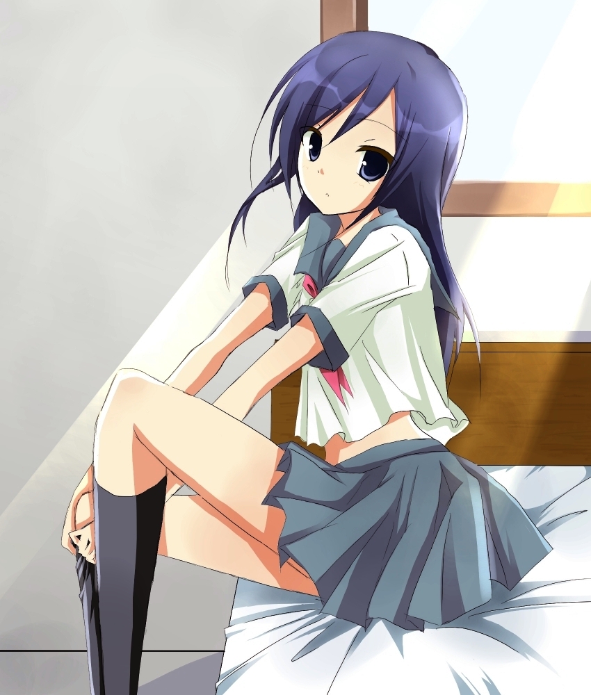 bed, black_hair, blue_eyes, dressing, long_hair, momijiko, ore_no_imouto_ga_konna_ni_kawaii_wake_ga_nai, school_uniform, serafuku, sitting, undressing
