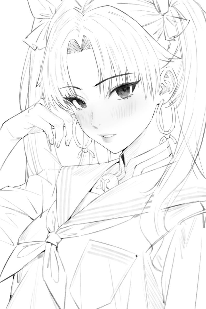 1girl, 95_(jiuwujiang), blush, bow, breast_pocket, breasts, chinese_commentary, commentary_request, curtained_hair, earrings, eyelashes, fate/grand_order, fate_(series), fingernails, greyscale, hair_bow, hand_up, highres, hoop_earrings, ishtar_(fate), jewelry, lips, long_hair, looking_at_viewer, looking_to_the_side, monochrome, neckerchief, parted_lips, pocket, sailor_collar, school_uniform, sideways_glance, solo, twintails, upper_body