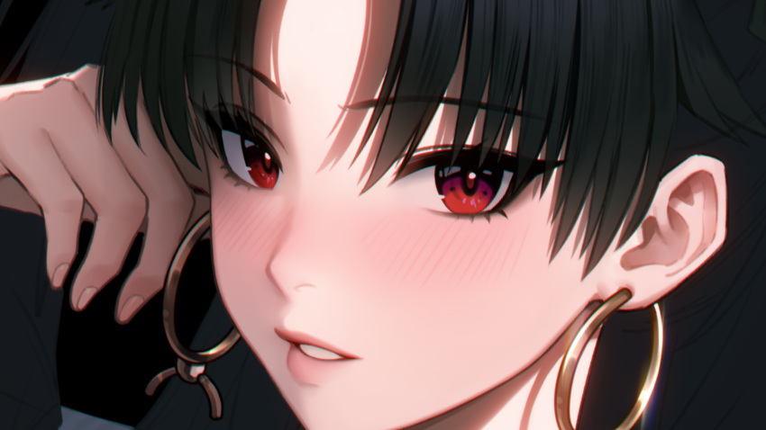 1girl, 95_(jiuwujiang), black_hair, blush, chinese_commentary, close-up, commentary, earrings