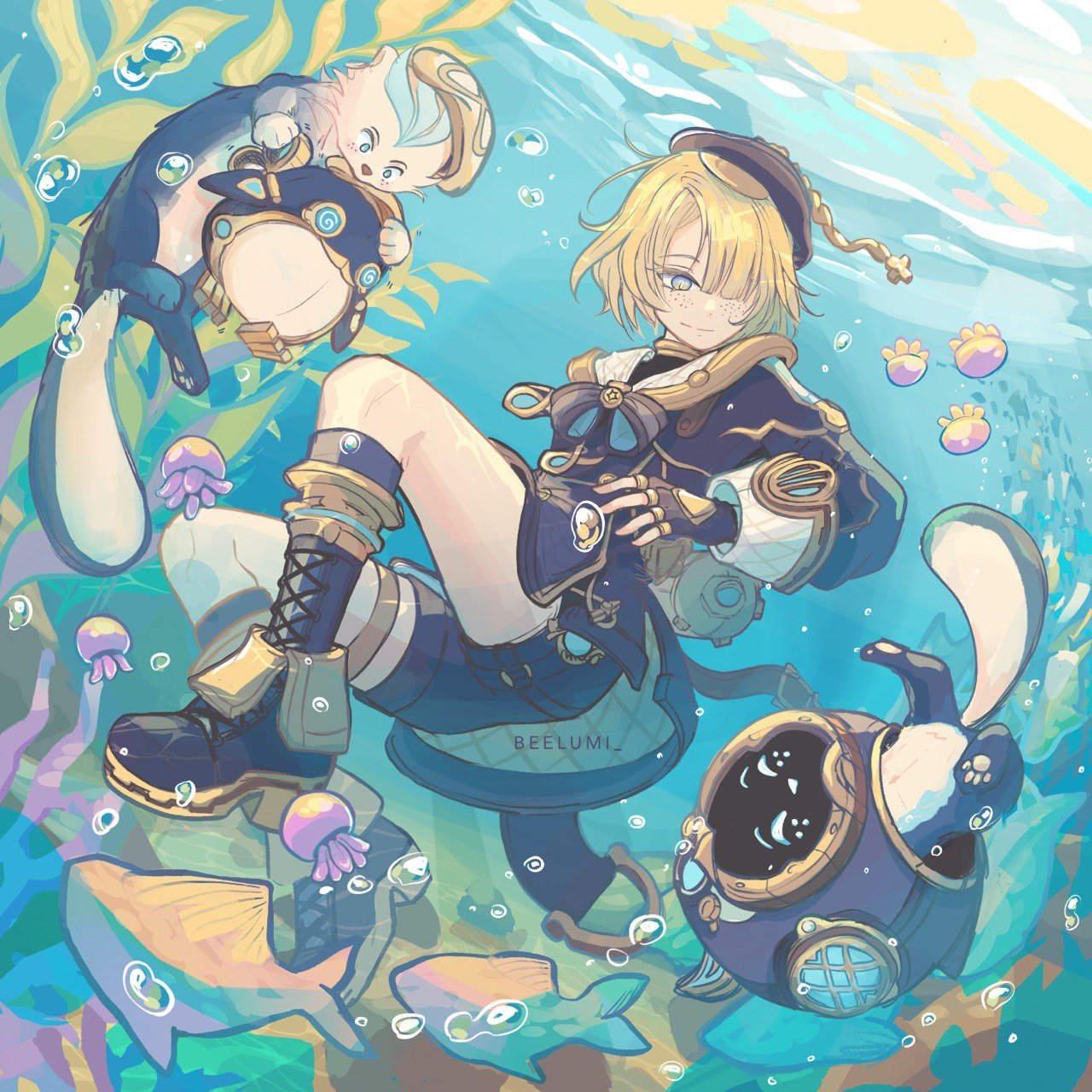 1boy, androgynous, beelumi, blonde_hair, blue_coat, blue_eyes, blue_shorts, blunt_bangs, boots, bubble, coat, coral, fish, freckles, freminet_(genshin_impact), full_body, genshin_impact, hat, helmet, highres, looking_at_animal, male_focus, one_eye_covered, otter, pers_(genshin_impact), playing, ribbon, shorts, smile, tidalga_(genshin_impact), underwater, vision_(genshin_impact)