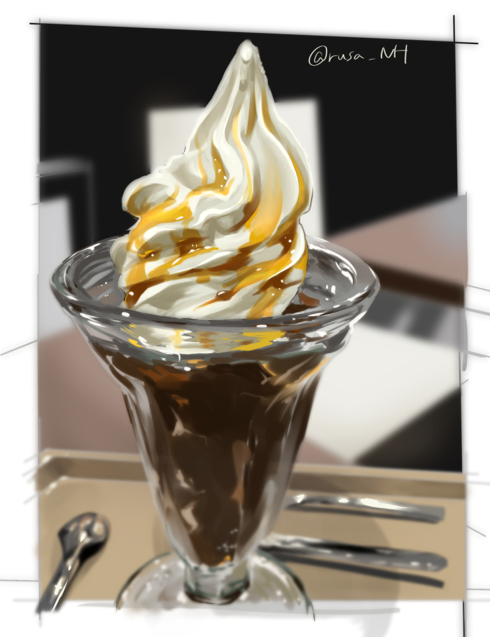 food, food_focus, ice_cream, no_humans, original, rusa_nh, soft_serve, spoon, still_life, syrup, tray, twitter_username