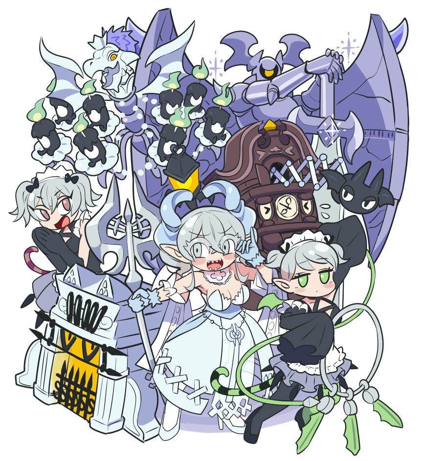 3girls, arianna_the_labrynth_servant, arianne_the_labrynth_servant, bare_shoulders, black_dress, chandelier, demon_girl, demon_horns, dress, drill_hair, duel_monster, green_eyes, grey_eyes, grey_hair, group_picture, horns, labrynth_archfiend, labrynth_chandraglier, labrynth_cooclock, labrynth_stovie_torbie, long_hair, lovely_labrynth_of_the_silver_castle, maid, maid_headdress, multiple_girls, pink_eyes, simple_background, stove, strapless, strapless_dress, twin_drills, twintails, wadatsumi_(sense11531153), white_background, white_dress, yu-gi-oh!
