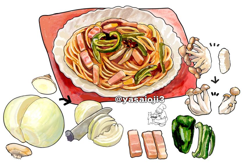 absurdres, artist_logo, food, food_focus, highres, knife, mushroom, no_humans