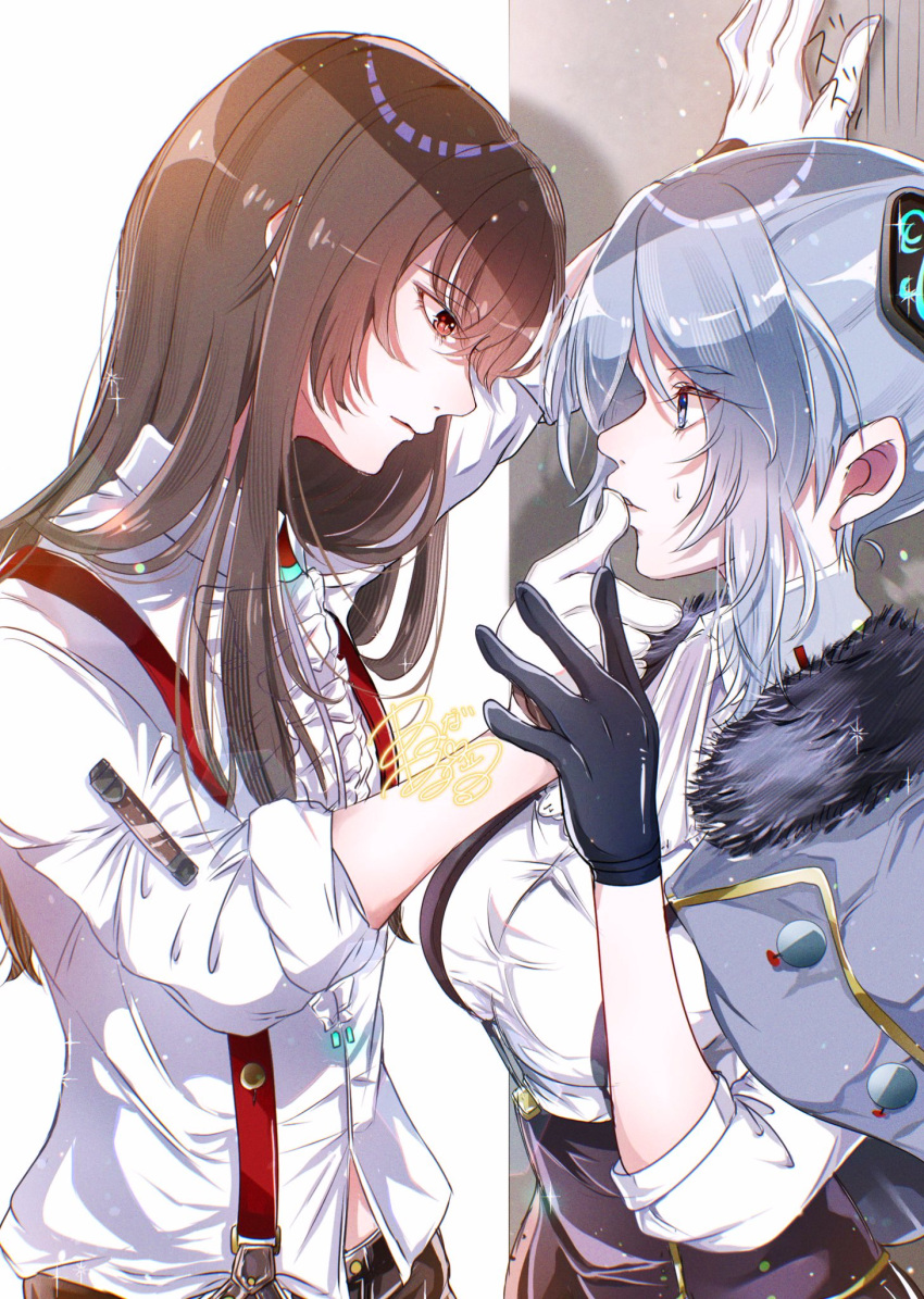 black_hair, blue_eyes, blue_hair, breasts, gloves, goslingwallows, hanamura_shiki, hand_on_another's_face