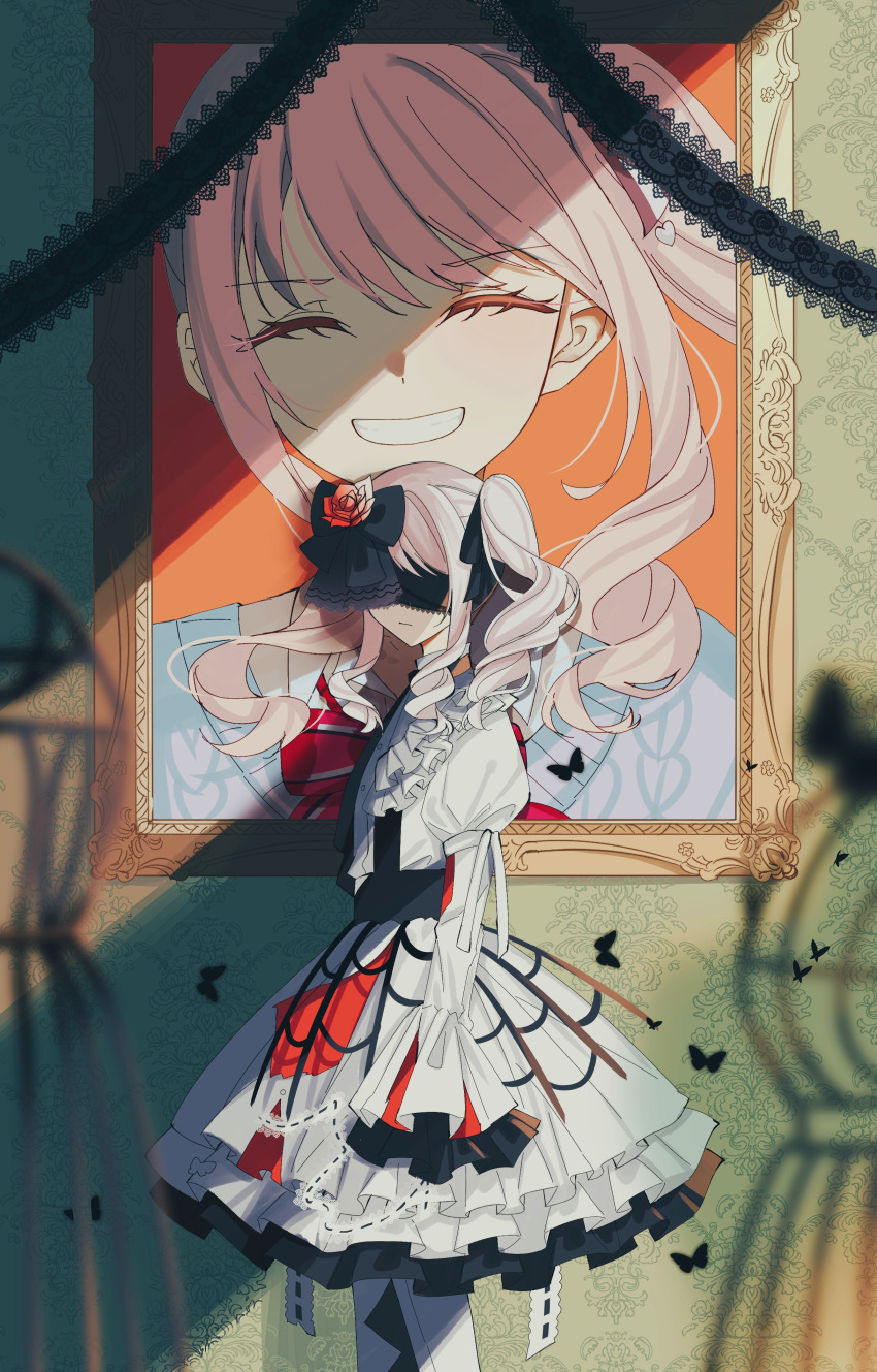 1other, absurdres, akiyama_mizuki, black_blindfold, black_butterfly, black_ribbon, blindfold, bug
