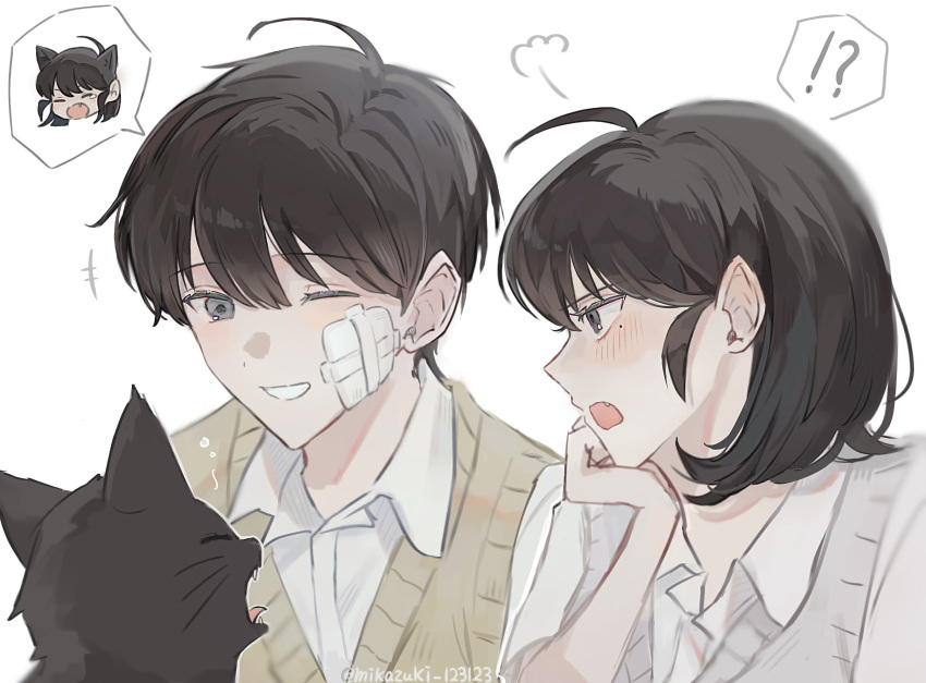 !?, +++, 1boy, 1girl, black_cat, black_eyes, black_hair, blush