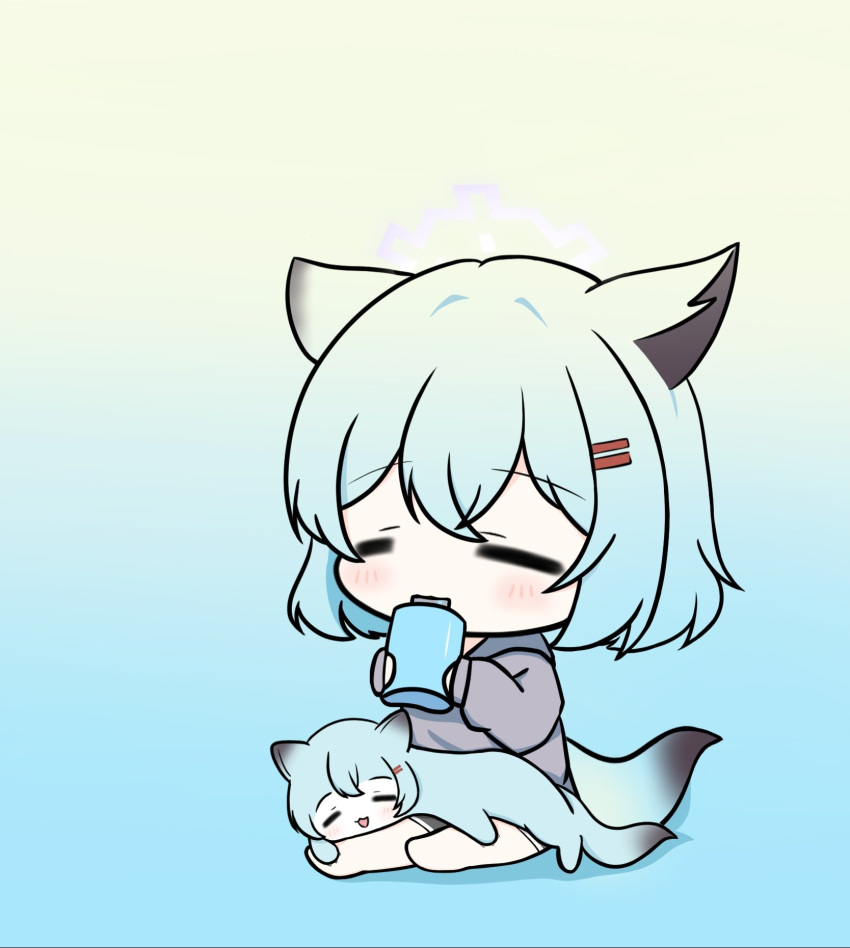 2girls, alternate_costume, animal_ears, aqua_hair, blue_archive, bottle, chibi, closed_eyes