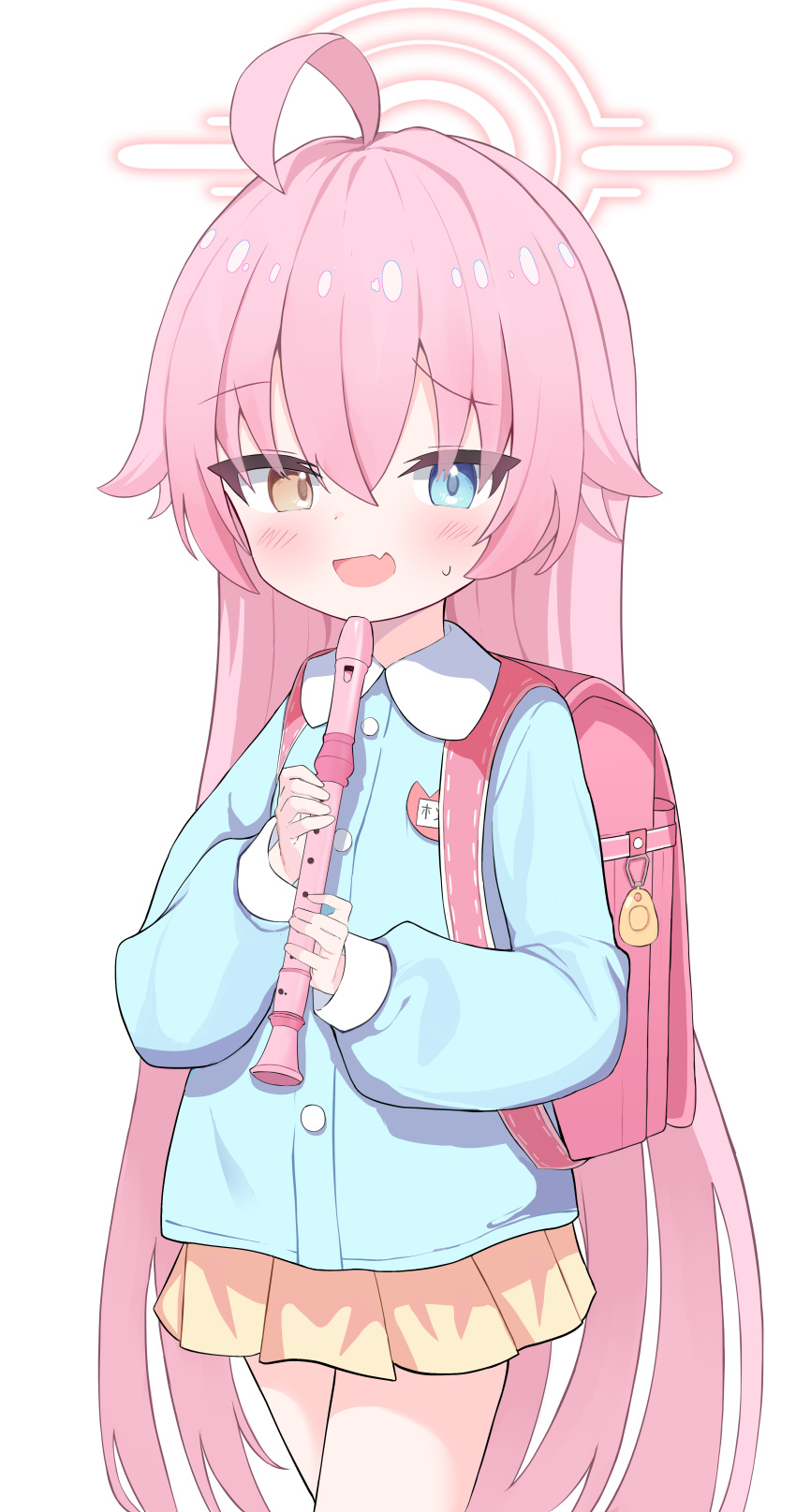 1girl, :d, absurdres, aged_down, ahoge, backpack, bag, blue_archive