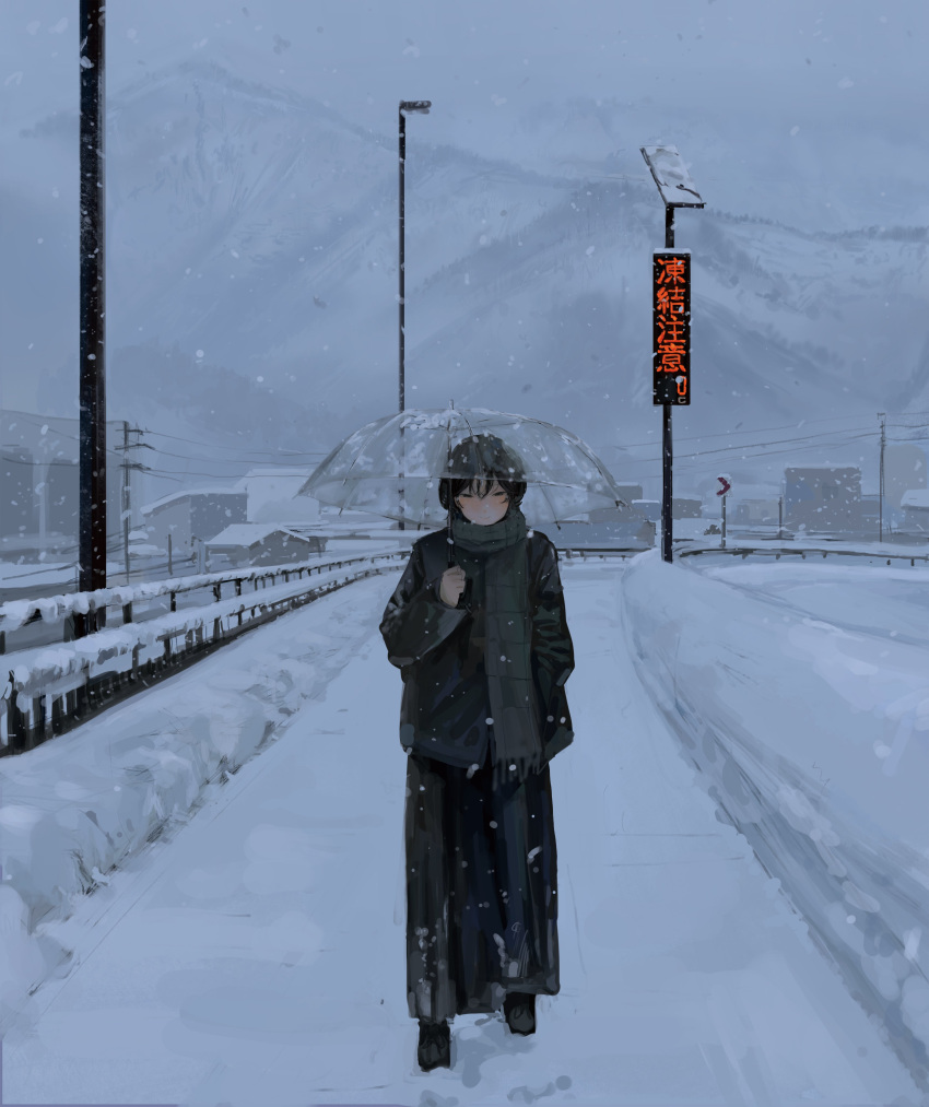 1girl, absurdres, as4kla, black_coat, black_eyes, black_hair, black_skirt, coat
