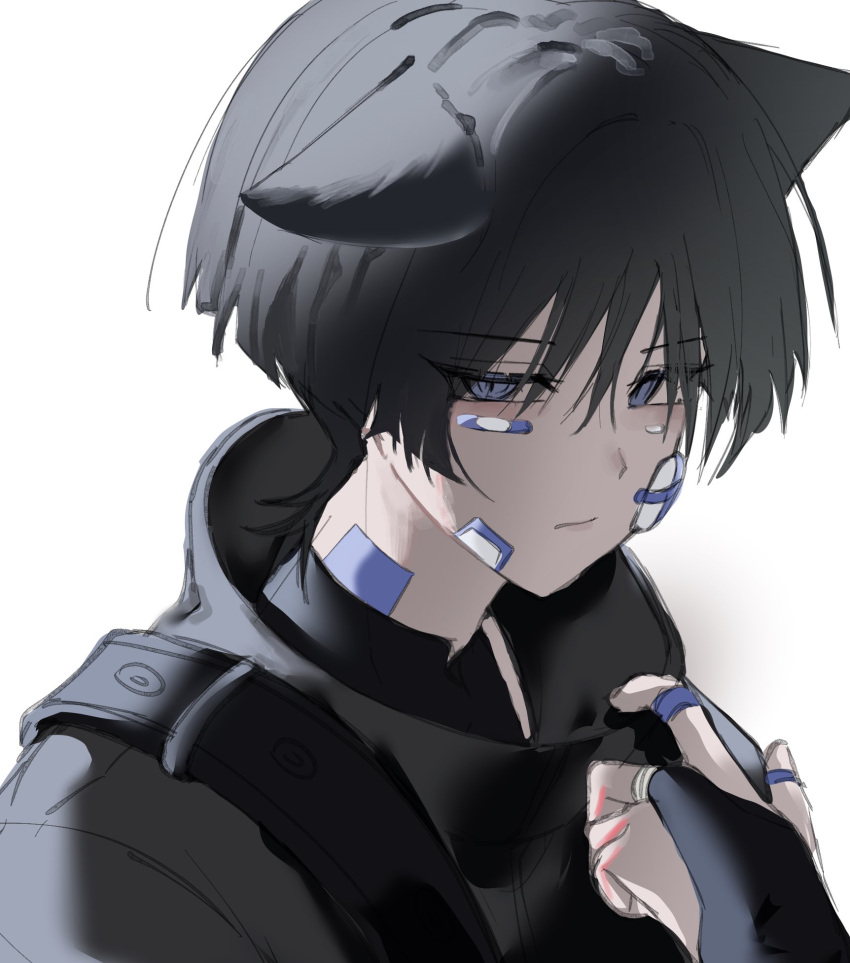 1boy, alternate_costume, animal_ears, bandaid, bandaid_on_face, bandaid_on_hand, black_hair, black_jacket