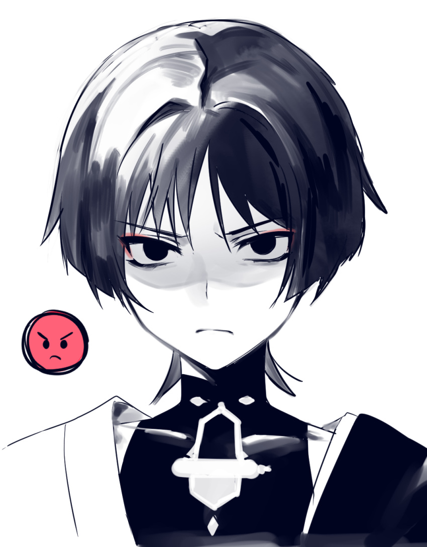 1boy, angry_face_emoji, blunt_ends, bodysuit, closed_mouth, covered_collarbone, empty_eyes, expressionless, eyeliner, eyeshadow, genshin_impact, hag_(hag_015), hair_intakes, highres, looking_at_viewer, makeup, male_focus, monochrome, portrait, red_eyeliner, red_eyeshadow, scaramouche_(genshin_impact), shaded_face, shoulder_peek, solo, turtleneck, turtleneck_bodysuit, wanderer_(genshin_impact)