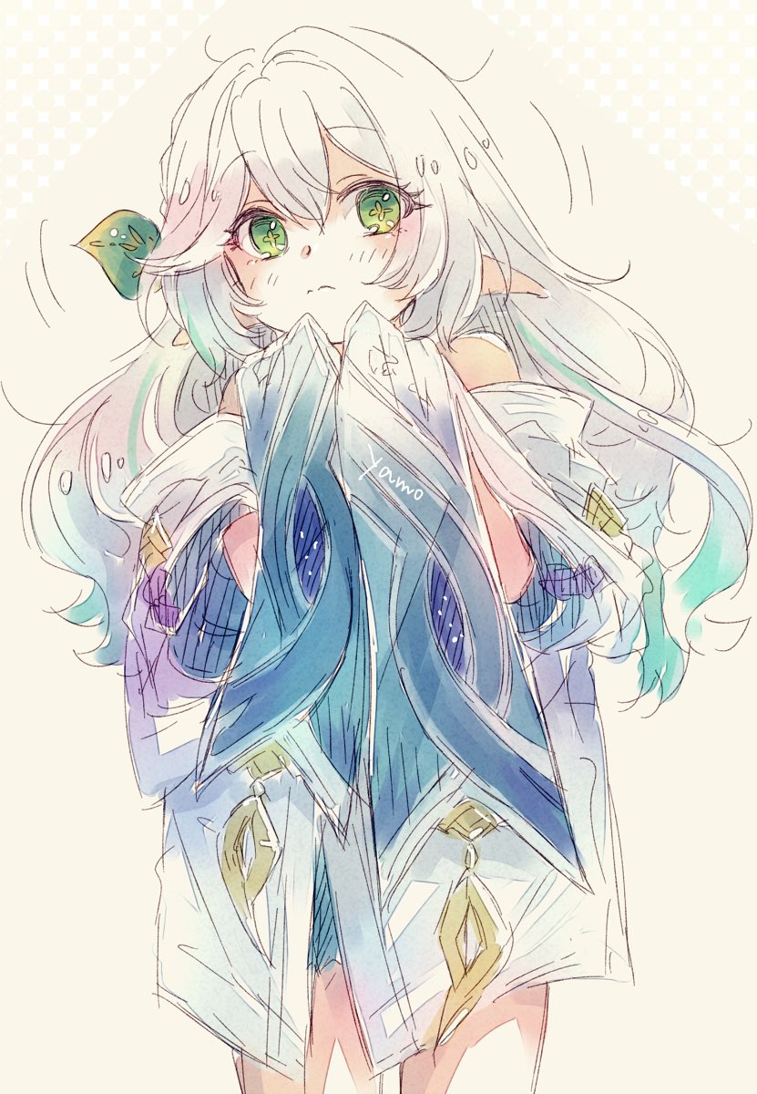 1girl, alternate_hairstyle, animal_print, aqua_sleeves, artist_name, bird_print, blush, borrowed_clothes